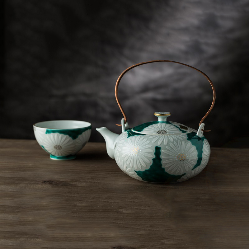 日本原产T.NISHIKAWA Kayori京烧清水烧彩绘陶瓷茶壶白菊